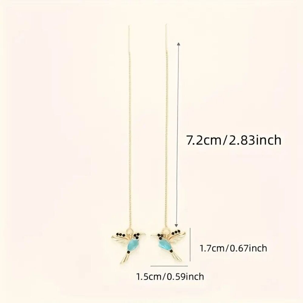 Wicked Silk Cute Dainty Flying Bird Dangling Earrings - Blue/Gold - Picture 2 of 3
